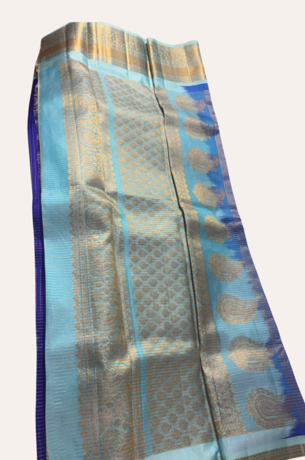 Royal Blue & Aqua Vintage Pattu Saree - Image 2