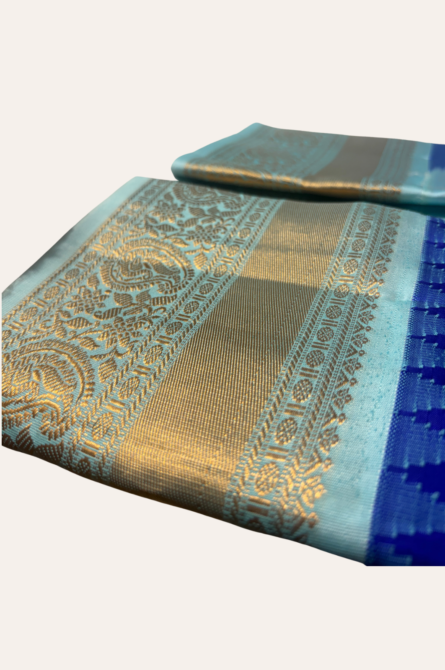 Royal Blue & Aqua Vintage Pattu Saree - Image 3